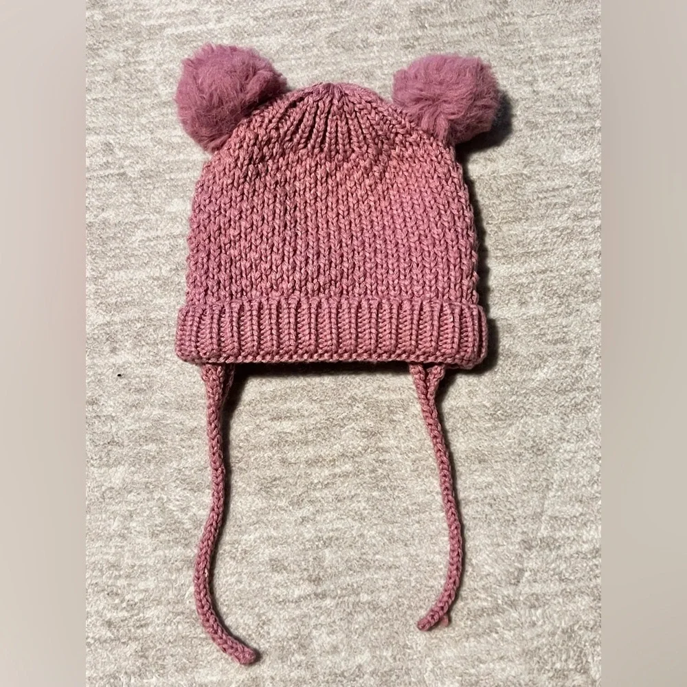 Zara pink pom pom lined winter stretch chunky knit hat puff balls toddler baby